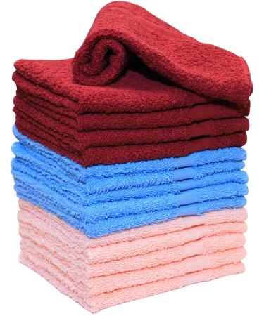 Super Soft Small Cotton Towels - 15 Pack Wash Cloths - Burgundy Blue and Pink