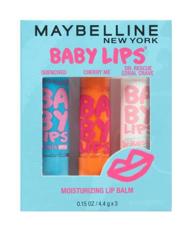 Maybelline New York Baby Lips Moisturizing Lip Balm 3-pack, Lip Care Essentials, 3 Shades,MULTI-SHADE,0.15 Ounce (Pack of 3)