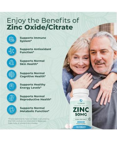 PurePremium Zinc 50mg Supplement - Antioxidant Formula with Zinc Oxide/Citrate - Non-GMO Immune Support for Men & Women - 100 Tablets - Buy Online on GoSupps.com