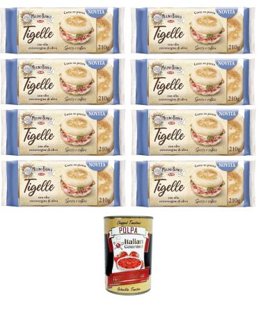 Italian Gourmet E.R. Mulino Bianco Tigelle with extra virgin olive oil and soft wheat flour no lard thick and soft packaging 8 packs of 210g + Italian Gourmet polpa 400g