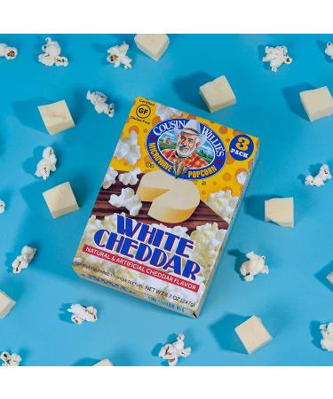 Cousin Willie's White Cheddar Microwave Popcorn Bags (4 Boxes, 12 Bags) - Gourmet Party Snack, Whole Grain, Gluten Free, Low Calorie, Made in USA - Non-GMO Cheddar Cheese Flavor - Buy Online on GoSupps.com