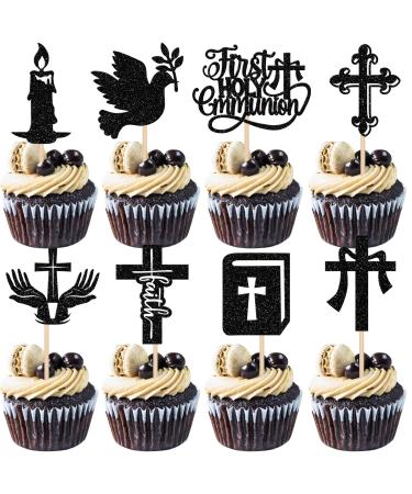 Rsstarxi 24 Pack First Holy Communion Cupcake Toppers Dove God Bless Cross Cupcake Picks Decorations for First Communion Baby Shower Baptism Theme Party Cake Decorations Black Design 6 Black