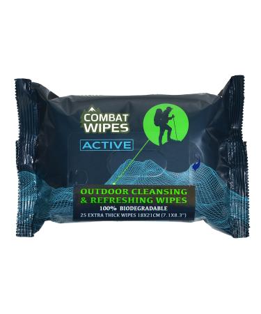 Combat Wipes ACTIVE Outdoor Wet Wipes | Extra Thick, Ultralight, Biodegradable, Body & Hand Cleansing/Refreshing Cloths for Camping, Gym & Backpacking w/ Natural Aloe & Vitamin E (25 Wipes) 25 Count (Pack of 1)