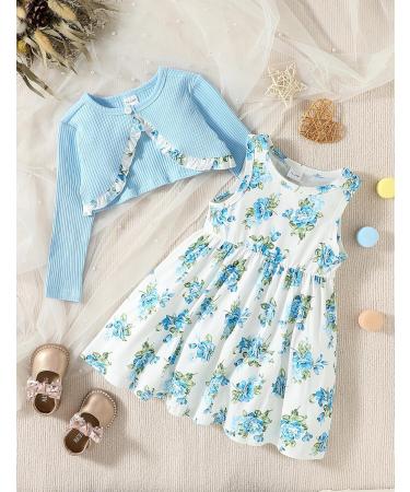 Puseky Toddler Girl Floral Print Dress and Ribbed Cardigan Set - Blue (2-3 Years) - Buy Online on GoSupps.com