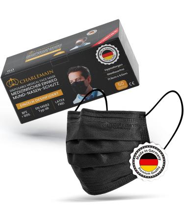 Charlemain 500x OP masks made in Germany EN 14683 Type IIR CE certified medical mouth-nose protection BFE 99.9% 3-layer latex-free MNS one-way face masks-black 1 piece (500 pack) black