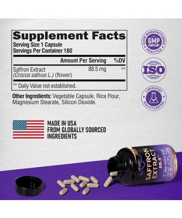 Natural Saffron Supplements - Pure Saffron Extract 88.5 mg - Made in USA - Mood | Focus | Vision | Energy Support - Eye Health for Women & Men - NonGMO Vegan Pills - 180 Powder Capsules Unflavored 180 Count (Pack of 1) - Buy Online on GoSupps.com
