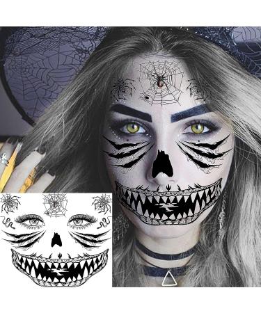 Scary Halloween Face Temporary Tattoos - 4 Sheets for Women, Men, Kids, and Adults | 3D Witch, Zombie Makeup Kit | Dia de los Muertos Face Tattoos with Spider Web, Bat, and Scar Designs - Buy Online on GoSupps.com