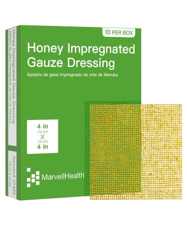 MarvellHealth Honey Impregnated Gauze Dressing 4 x 4 Pack of 10 Individual Sterile Pads Medical Active Leptospermum Honey Soft & Conformable Fast Healing for Diabetic Ulcers & Burns 4x4 Honey Impregnated Guaze Dres...