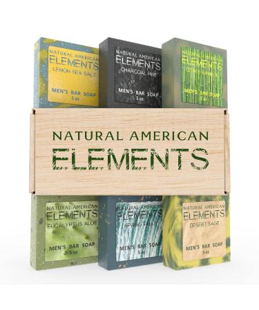 NATURAL AMERICAN ELEMENTS Men’s Bar Soap – 100% All Natural, Nature Scents, Essential Oils, Organic Shea Butter, No Harmful Chemicals – (6pk) Natural Soap Bars for Men - Made in USA - Man Soap, 5 oz ELEMENTS Collection 5 O…