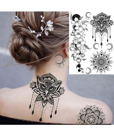 EGMBGM 28 Sheets Tribal Black Temporary Tattoos for Women - Waterproof Fake Tattoos with Owl, Elephant, Ganesha, Lace, Indian Bohemia Lotus Mandala Flower Designs - Underboob, Boobs, Moon Neck Tattoo Stickers for Adults - Buy Online on GoSupps.com