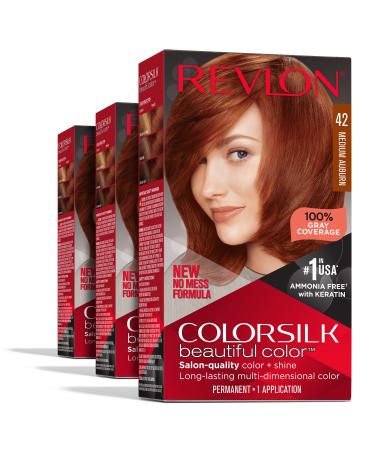 Permanent Hair Color by Revlon, Permanent Red Hair Dye, Colorsilk with 100% Gray Coverage, Ammonia-Free, Keratin and Amino Acids, Red Shades, 42 Medium Auburn (Pack of 3) - Buy Online on GoSupps.com