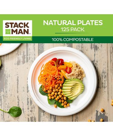 125-Pack 9-Inch Compostable Heavy-Duty Plates | Eco-Friendly Bagasse Plate | Biodegradable Paper Plates by Stack Man - Buy Online on GoSupps.com