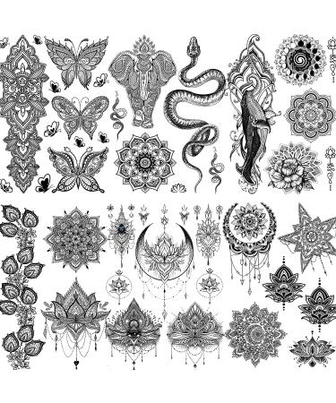 Shegazzi 58 Sheets Black Lace Temporary Tattoos for Women - Large Lotus Mandala Flower Snake Elephant Butterfly Fake Tattoos Kit - Indian Tribal Skull Tattoos Adults - Arm Sleeve Neck Wedding - Buy Online on GoSupps.com