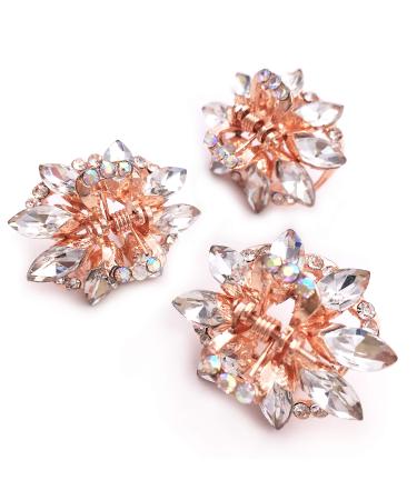 3PCS Crystal Rhinestone Rose Gold Tone Small Metal Hair Claw Clip for Women Girls