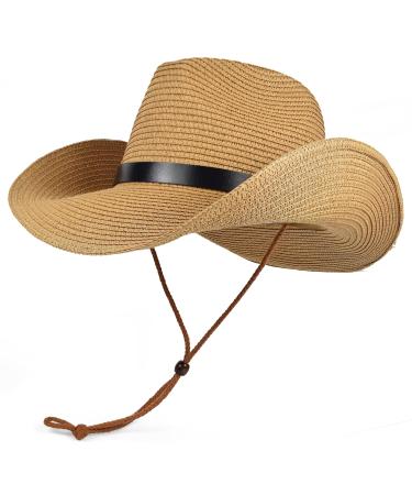 EINSKEY Unisex Straw Cowboy Hat Cowgirl Hat, Shapeable Floppy Sun Hat Wide Birm Fedora Panama Hat for Men & Women Brown