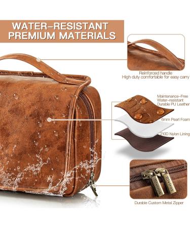 Elviros Hanging Toiletry Bag - Multifunctional Travel Organizer for Men and Women - Water-resistant PU Leather Dopp Kit - Brown - Buy Online on GoSupps.com