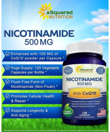 Nicotinamide with CoQ10 (120 Capsules) - Vitamin B3 500mg (Niacinamide Flush Free) - Coenzyme Q10 Powder - VIT B-3 & Coq 10 Supplement Pills to Support Energy NAD & Skin Cell Health - Buy Online on GoSupps.com
