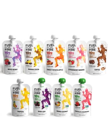 Fuel for Fire Protein Smoothie Pouch - Whey & Vegan Variety (9-Pk) | Healthy Snack & Recovery | No Sugar Added Dietitian Approved | Functional Fruit Smoothies | Gluten Free Kosher (4.5oz pouches) Variety - Whey + Vegan flavors 4.5 Ounce (Pack of 9)