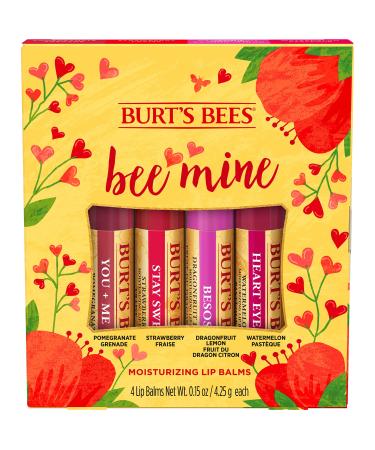 Burt's Bees Bee Mine Lip Balm Gift Set Strawberry Dragonfruit Lemon Pomegranate and Watermelon 4 Personalized Lip Balms Pack May Vary
