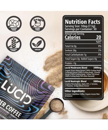 Lucid Superfood Organic Mushroom Coffee with Nootropics - Lion's Mane Tremella Cordyceps & Turkey Tail - Instant Mushroom Coffee Focus Brain Health - Alpha GPC L-Theanine Ginko Biloba - USA Made Coffee 7.94 Ounce (Pack  - Buy Online on GoSupps.com