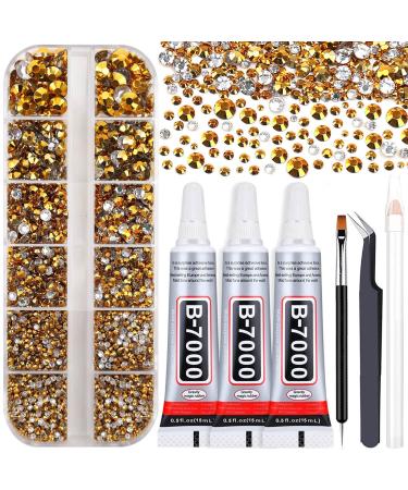 AUREHEN Rhinestones Glue Kit with Gems for Craft  5000Pcs Gold Resin Rhinestones Flat Back Non Hotfix with 3Pcs Clear Adhesive Glue & Tweezer for DIY Clothes Shoes Jewelry Making Nail Art