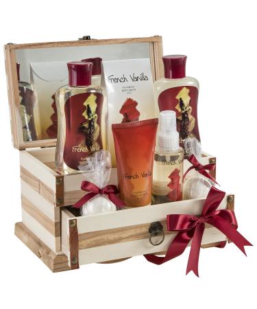 French Vanilla Bath Set Essential Bath and Body Basket: 2 Vanilla Bath Bombs  Vanilla Body Lotion  Body Spray  Bath Salts  Shower Gel  Bubble Bath  in A Luxury Wooden Jewelry Box for Women