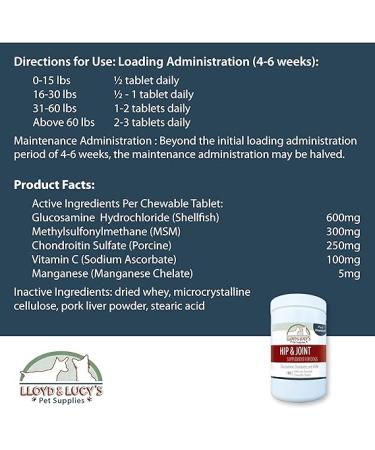 Lloyd & Lucy's Hip and Joint Supplement for Dogs - Chewable Multivitamin with Glucosamine  Chondroitin  MSM  and Vitamin C - Liver Flavored Treat - 180 Ct Tablets - Buy Online on GoSupps.com