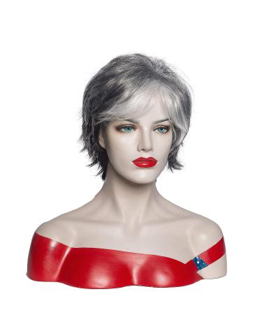 RENERSHOW Short Grey Pixie Cut Wig for Women | Layered Synthetic Hair Mixed Gray with White Bangs | Natural Wavy Old Lady Wig - Buy Online on GoSupps.com