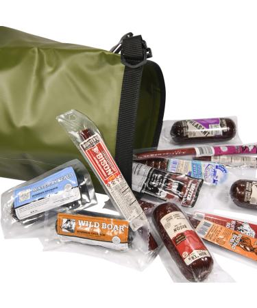 Carnivore Club Wild Game Sampler Set - Includes 12 Delicious Wild Game Meat Snacks - Comes Packed in a Hiking Dry Bag - Summer Sausage Meat Sticks Jerky Lover Gift - Gourmet Wild Game Assortment Gift