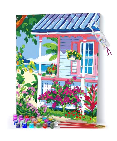 Opalberry Paint by Numbers for Adults Framed - Adults' Paint-by-Number Kits on Canvas - Paint by Numbers for Adults with Frame - DIY Painting by Numbers for Adults - Paint by Numbers Canvas Pink Porch Framed canvas Pink ...