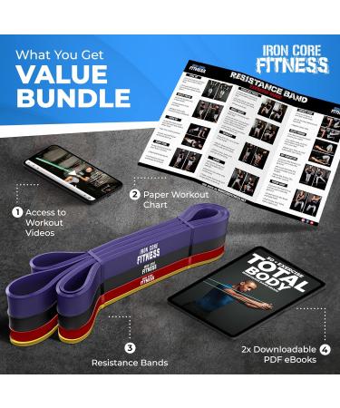 Pull Up Resistance Bands Set for Strength & Flexibility Training by Iron Core Fitness - Includes eBooks & Workout Chart - 4 Set in Purple Black Red Yellow - Buy Online on GoSupps.com