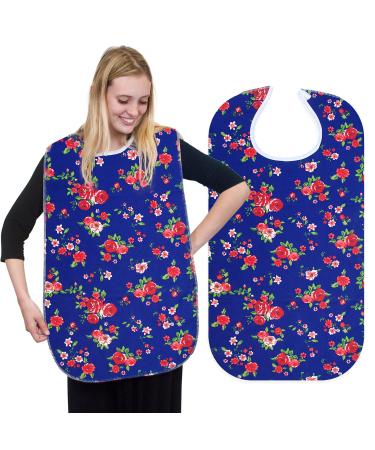 RMS Adult Bib Washable Reusable Waterproof Clothing Protector with Vinyl Backing 34"X18", Designer Patterns (Blue Rose)