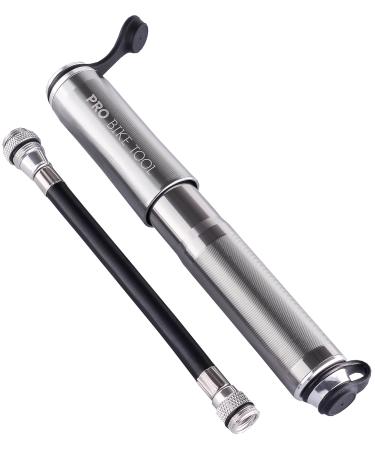 PRO BIKE TOOL Mini Bike Pump Classic - Fits Presta & Schrader Valves - up to 100 PSI / 6.9 Bar - Bicycle Tire Pump for Road and Mountain Bikes - Small, Portable and Compact Hand Frame-Mounted Pump Titanium