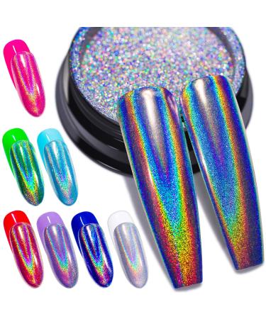 Holographic Nail Powder Fine Rainbow Holo Unicorn Mirror Laser Effect Multi Chrome Manicure Pigment Glitter Dust for Salon Home Nail Art DIY Deco, 0.04oz/1g, Sponge Tool/3pcs 001