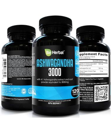 BE HERBAL Premium Organic Ashwagandha 3000mg with Black Pepper (120 Capsules) - Buy Online on GoSupps.com