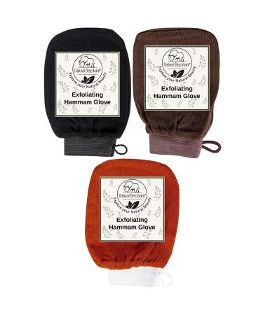 Natural Elephant Exfoliating Hammam Glove - Face and Body Exfoliator Mitt (Black Brown and Orange (Pack of 3))