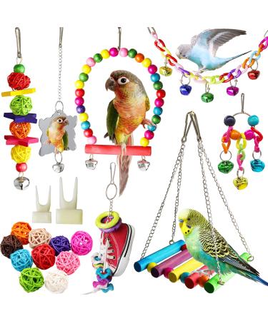 PBIEHSR Bird Parakeet Cockatiel Toys, 19 Pcs Pet Bird Cage Swing Hammock Shoe Chewing Toy Hanging Bell Wooden Perch for Conures, Love Birds, Finches, Budgie