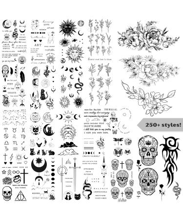Realistic Temporary Tattoo | 200 Mix & Match Minimalistic set | fake tattoos | temporary tattoos for women Men | temporary tattoos butterfly moon stars inspirational words flower skull snake | temporary tattoos adult | t...