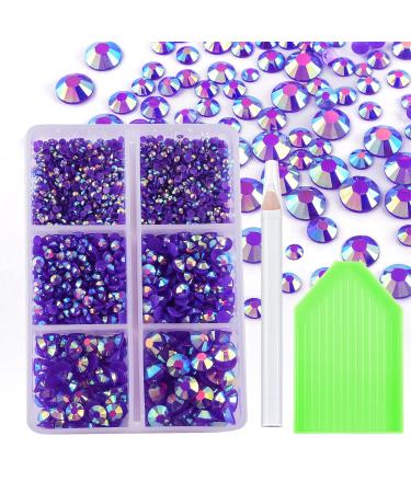 BLINGINBOX 2000pcs Flat Back Rhinestones 5 Mixed Sizes(2-6 mm) Round Resin AB Rhinestones with Point Drill Box and Picking Pen for Nail Art Eye Makeup DIY Crafts (Dk.Amethyst AB)