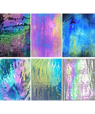 PALJOLLY 6 Sheets Large Iridescent Stained Glass Sheet Variety Pack, 6 x 7  1/2 inch Iridized Glass Sheet Stained Glass Supplies Rainbow Colors for