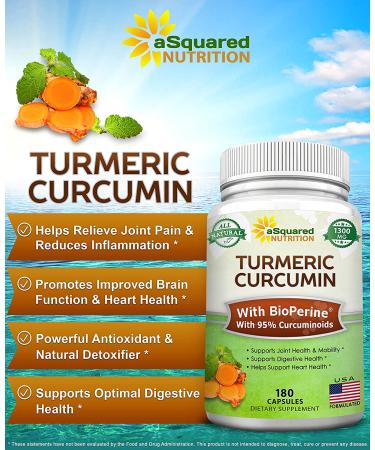 Turmeric Curcumin 1300mg with BioPerine - 180 Capsules | 95% Curcuminoids | Anti-Inflammatory Joint Pain Relief | Natural Tumeric Root Powder Supplements - Buy Online on GoSupps.com