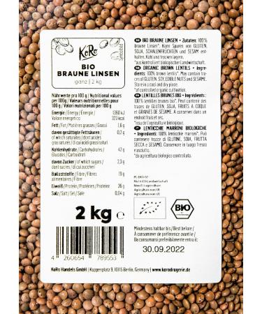KoRo Organic Brown Lentils 2 kg - No Additives - Vegan & High Protein - Bulk Pack for International Shipping - Buy Online on GoSupps.com