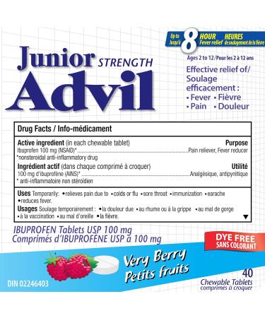 Junior Strength Advil Ibuprofen Dye-Free Chewable Tablets for Pain and Fever Relief Very Berry 40-Count - Buy Online on GoSupps.com