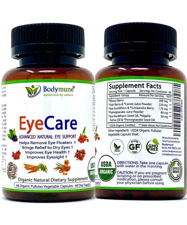 Bodymune EyeCare All-Natural USDA Organic Eye Care Supplement for Eye Floaters Dry Eyes Eyesight Eye Health | 60-Day Supply | Synergistic Blend by Bodymune | 100% Vegan Gluten-Free Non-GMO USA Made