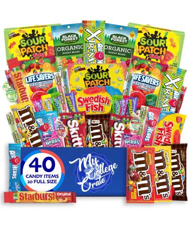 My College Crate Candy & Snack Box Ultimate Snack Care Package for College Students - 40 piece Includes 20 Full Size Candies, Candy Variety Pack, Starburst, Skittles, Sour Patch & More