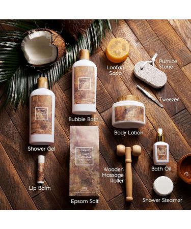 French Coconut Spa Gift Basket for Stress Relief - Father's Day & Thank You Gifts for Men and Women - Includes Pumice Stone, Bubble Bath, Epsom Salt, and Massage Roller - Buy Online on GoSupps.com