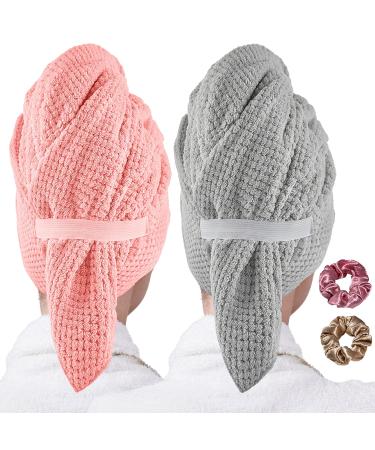 Hair Towel Microfiber Wrap for Women: Large Hair Drying Towel for Curly Long Thick Hair - Turban Towels for Wet Hair with Elastic Strap - Anti Frizz Quick Absobert Hair Wrap 2 Packs Gray and Pink
