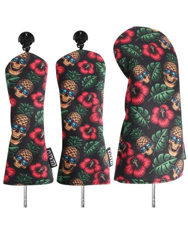 VIXYN Golf Club Covers - 3 Pack Golf Club Head Covers for Driver, Woods and Hybrid - Driver Headcover to Fit All Golf Clubs Pineapple Skull