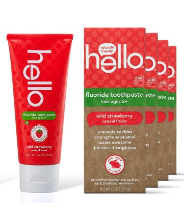 Hello Natural Wild Strawberry Flavor Fluoride Kids Toothpaste, Vegan and SLS Free, ADA Approved, For Ages 2 and Up, 4.2 Ounce (Pack of 4)