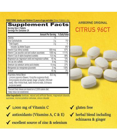 Airborne 1000mg Vitamin C Chewable Tablets Citrus & Very Berry Flavor Bundle - Immune Support with Zinc and Antioxidants - 2x96ct Bottles - Buy Online on GoSupps.com